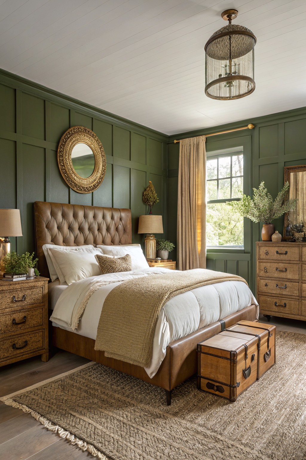 Cozy farmhouse bedroom featuring deep sage green paneled walls, tufted tan leather bed, wood dressers, and beige throw on white bedding