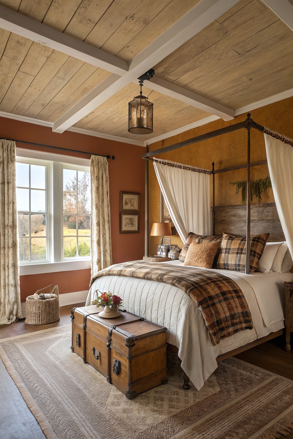Farmhouse bedroom with warm terracotta walls, wooden beam ceiling, four-poster bed draped in white fabric, plaid bedding, and rustic wooden furniture.