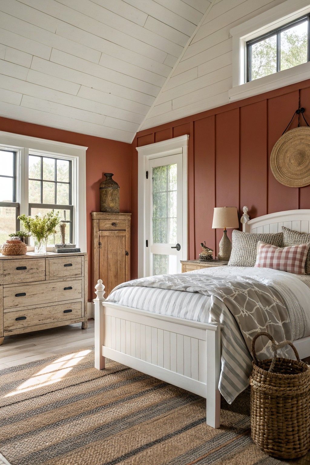 Farmhouse bedroom featuring warm terracotta walls with board-and-batten texture, white shiplap ceiling, and rustic wood bed and dresser