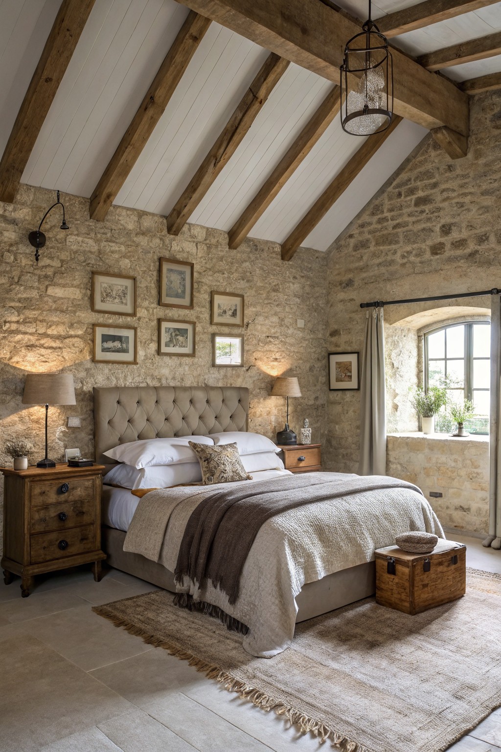 Farmhouse bedroom featuring soft white ceiling with exposed wood beams, stone walls, tufted beige headboard, and wooden furniture