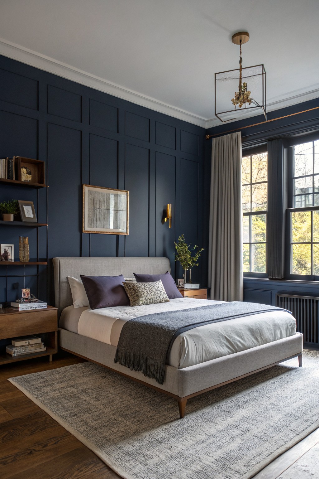 Cozy modern bedroom featuring deep navy blue paneled accent wall behind a gray upholstered bed, brass pendant light, wood nightstands, and large window with gray drapes