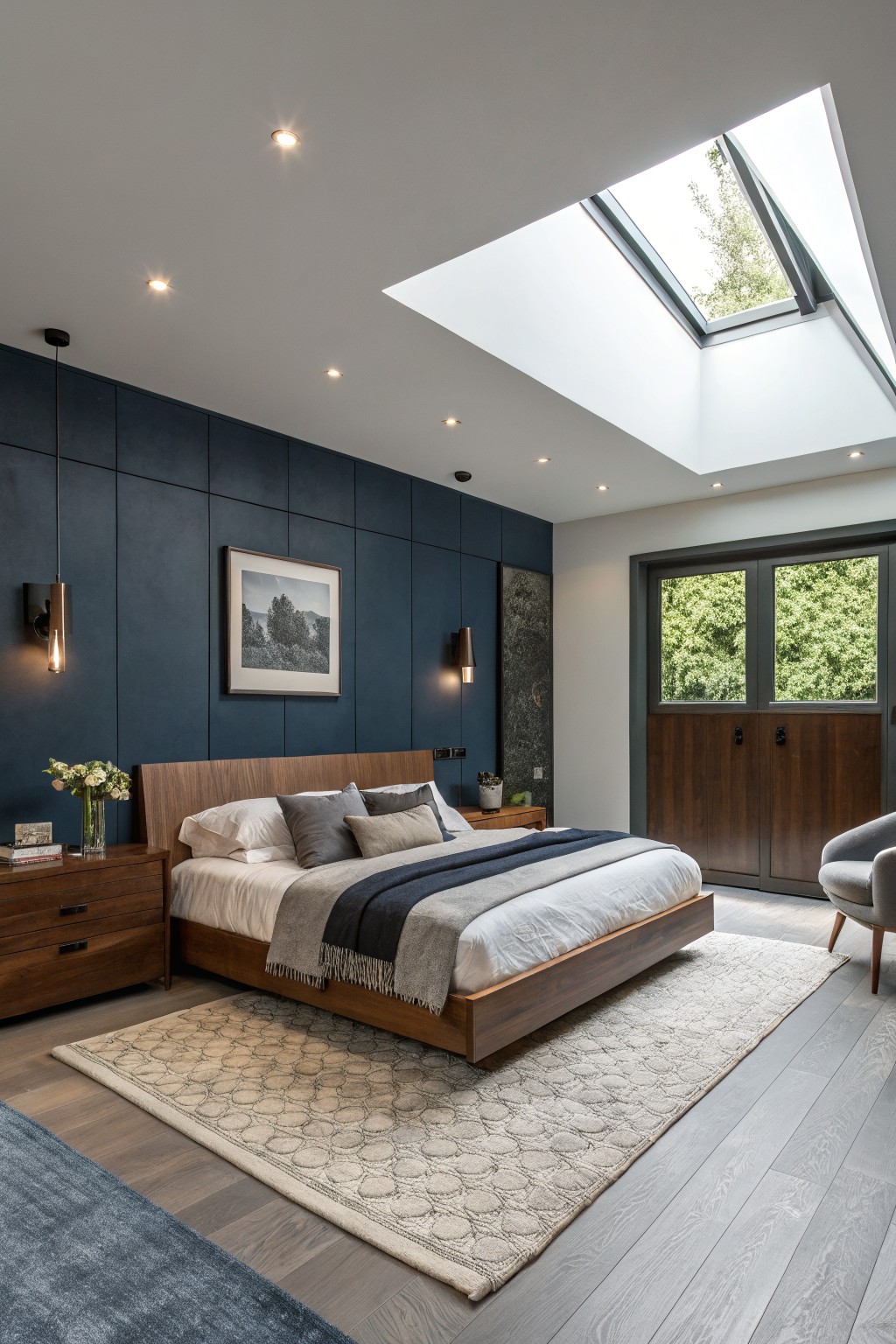 Modern bedroom with deep navy blue paneled accent wall, walnut wood bed frame, neutral bedding, and skylight above