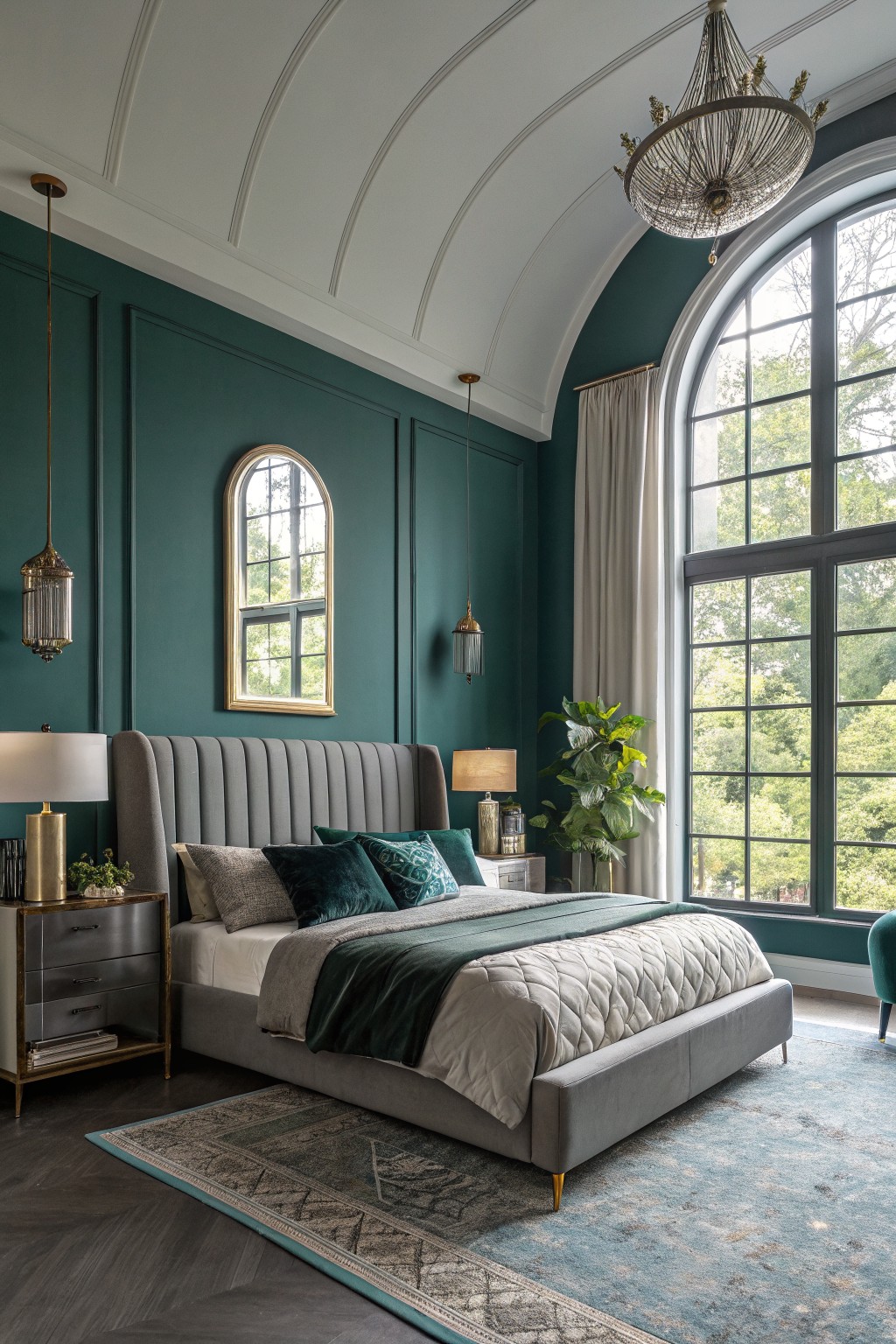 Bedroom featuring deep emerald green paneled walls, gray upholstered bed with green bedding, gold accents, and large arched window with trees outside