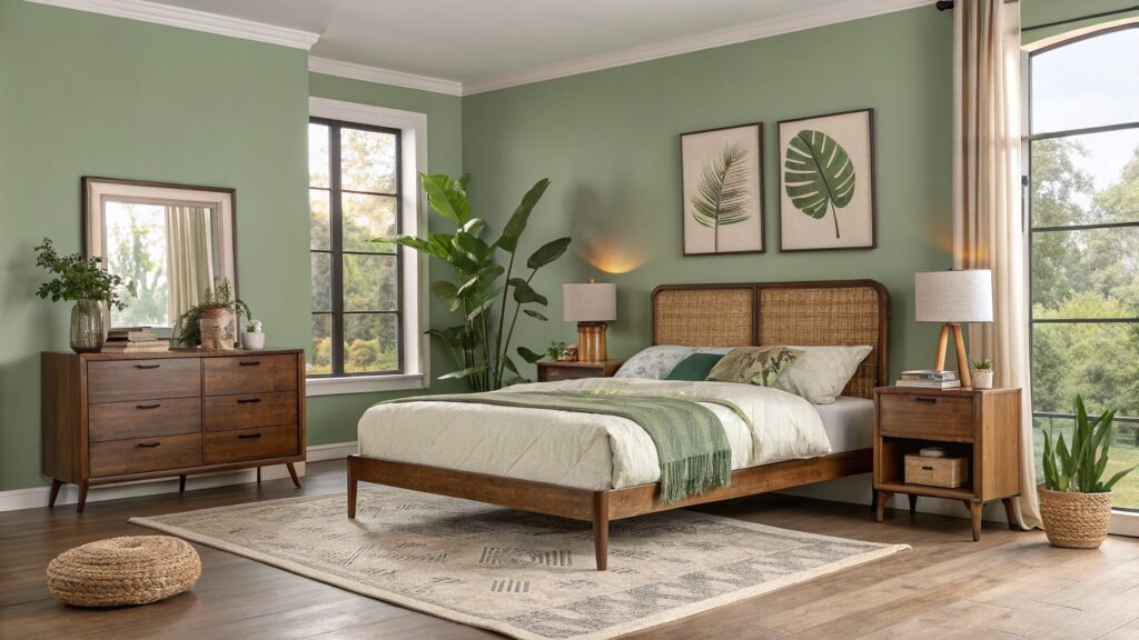 Bedroom with soft sage green walls, wood bed frame, plants, and neutral rug for a relaxed modern vibe