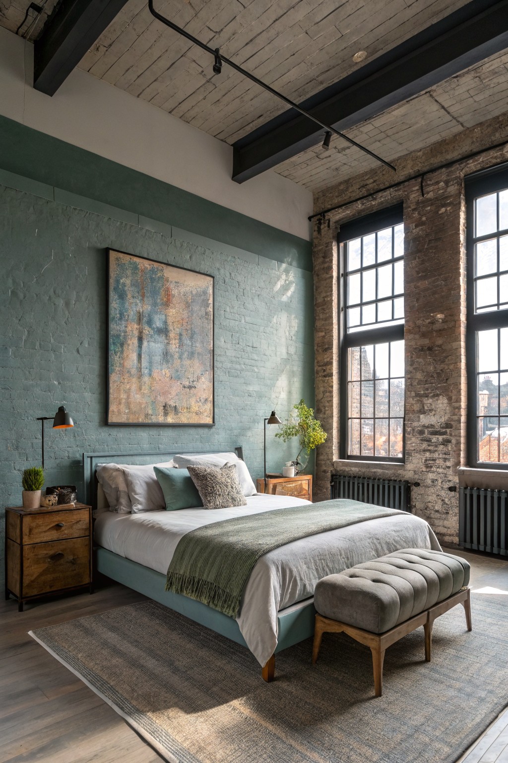 Bedroom with muted sage green painted brick walls, industrial ceiling beams, large factory windows, wooden bed frame and nightstands, green throw blanket, and bench at foot of bed