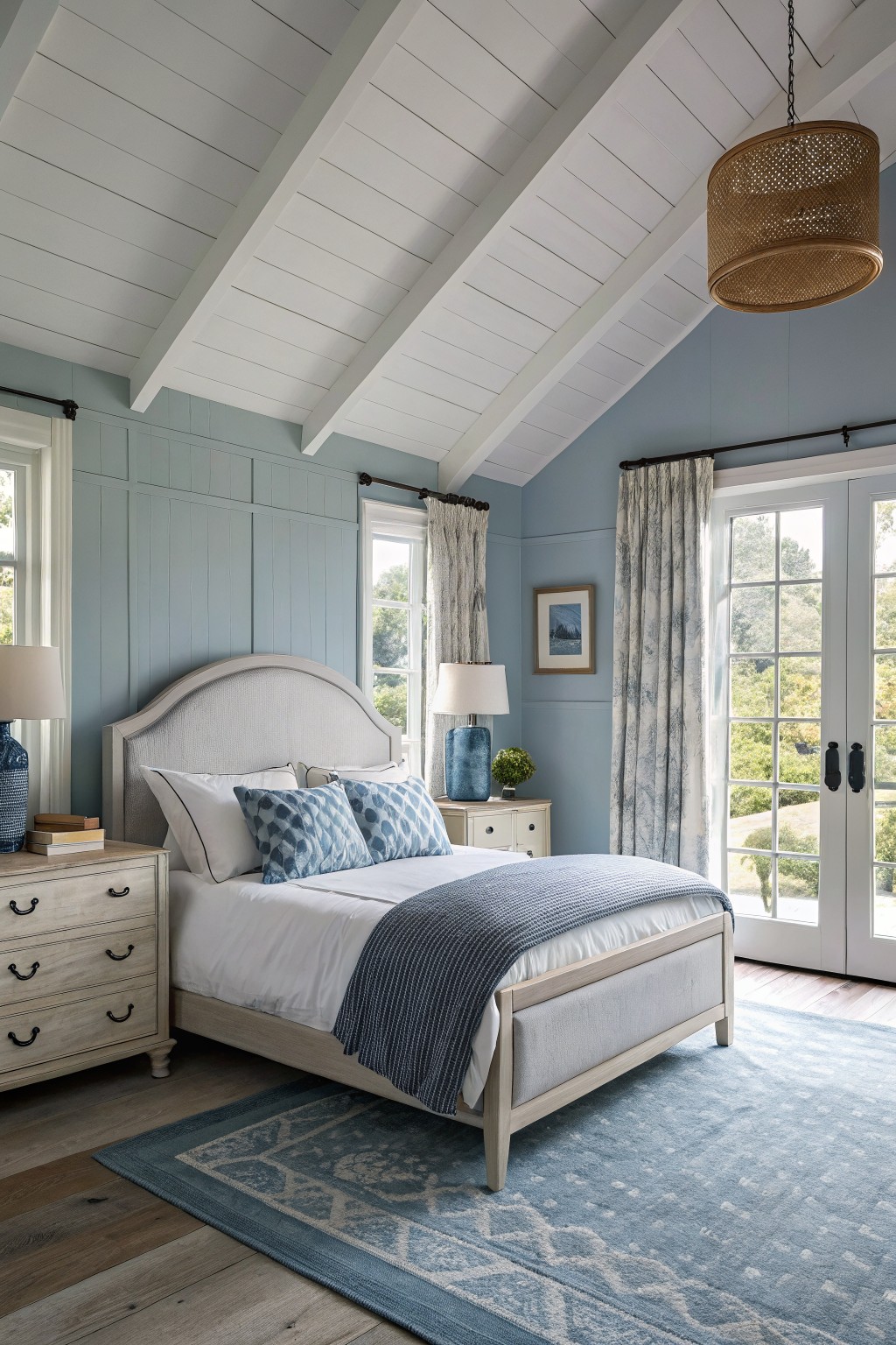 Bedroom with pale blue board-and-batten walls, white shiplap ceiling, upholstered bed, and French doors to garden view