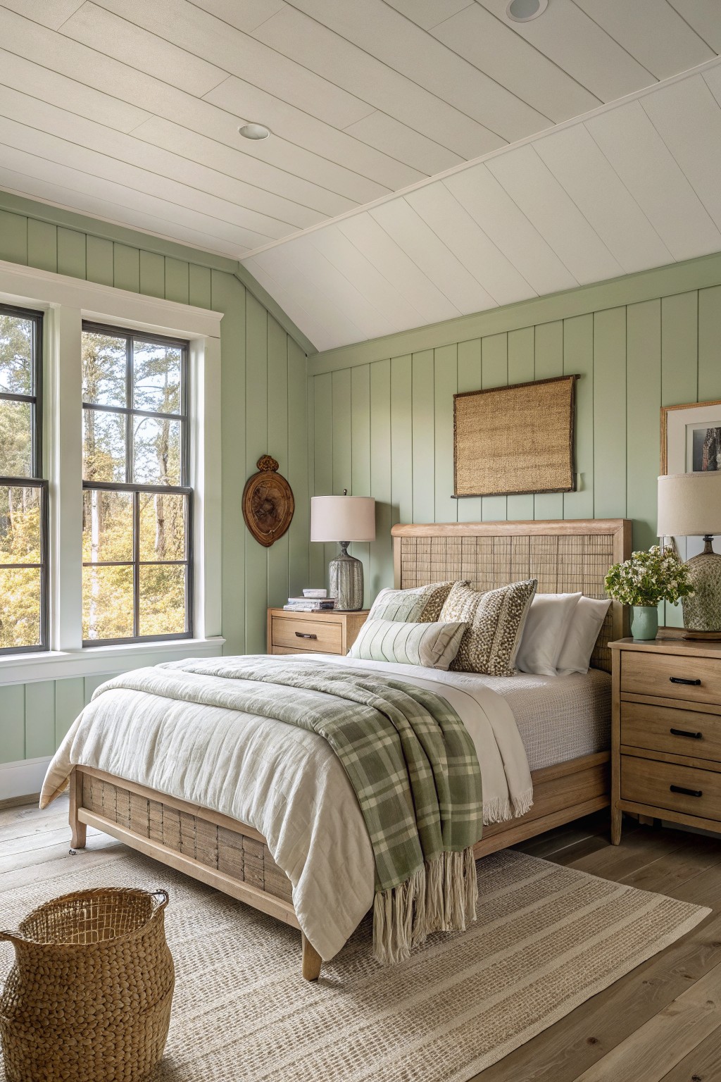 Cozy bedroom featuring pale sage green shiplap walls, wooden bed with rattan headboard, and natural light from large windows