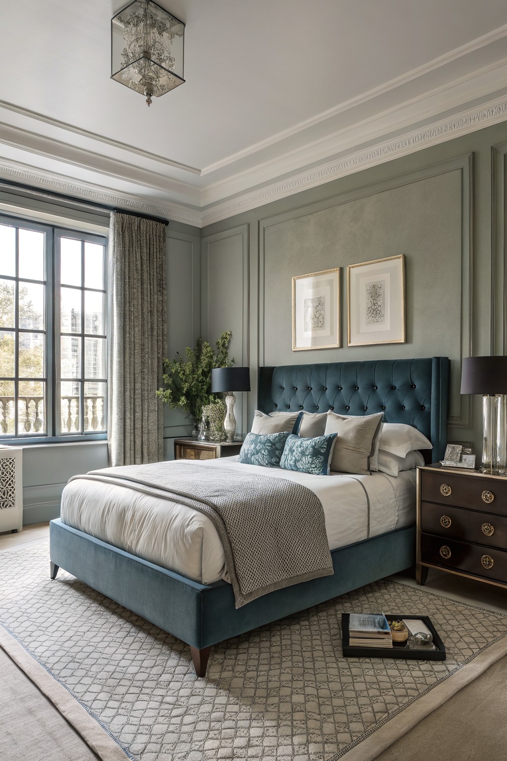 Bedroom interior with pale sage green paneled walls, teal velvet tufted headboard, white bedding, dark wood dresser, and large window with gray drapes