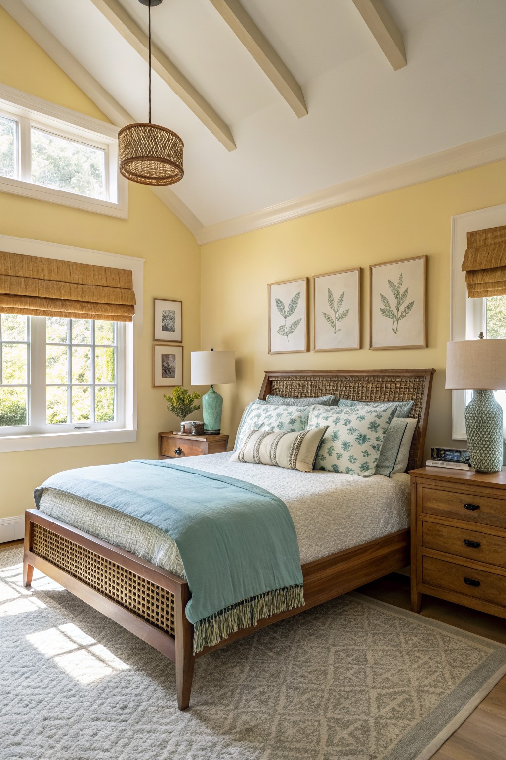 Bedroom with pale yellow walls, rattan bed frame draped in blue throw, wood nightstands, botanical art, and bamboo shades on large windows letting in natural light