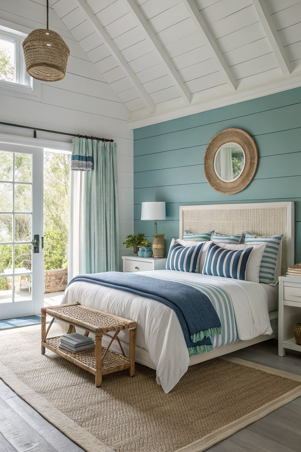 Bedroom with soft aqua shiplap accent wall, white vaulted ceiling, rattan headboard and bench, striped bedding, and French doors to outdoor patio