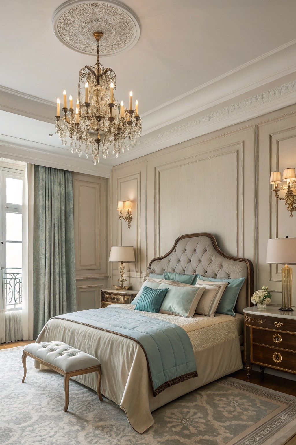 Elegant bedroom with pale greige paneled walls, crystal chandelier overhead, tufted bed in teal and cream tones, and balcony view