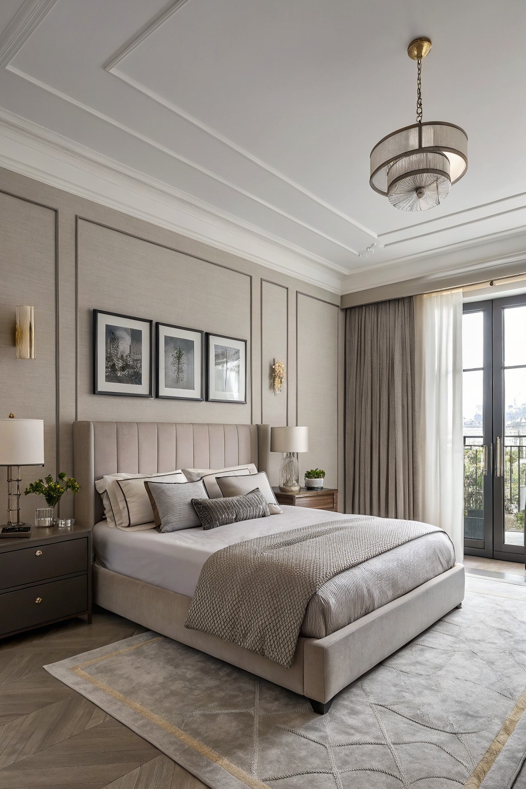 Elegant bedroom interior with soft greige paneled walls, tufted upholstered bed in neutral tones, layered pendant lighting, and French doors opening to a balcony