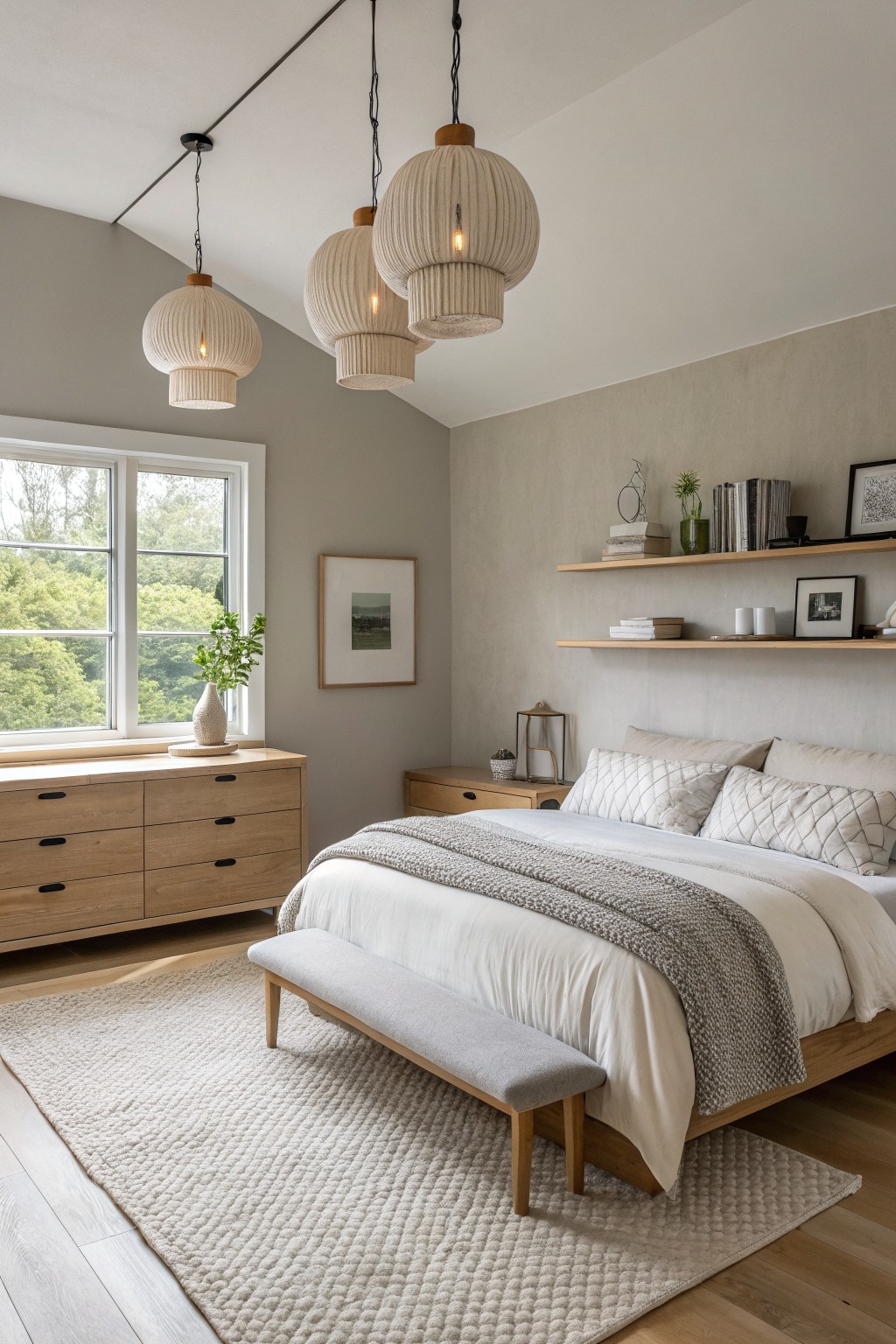 Cozy bedroom featuring soft greige walls, oak dresser and bed frame, layered white bedding, and rattan pendant lights over a light wood floor