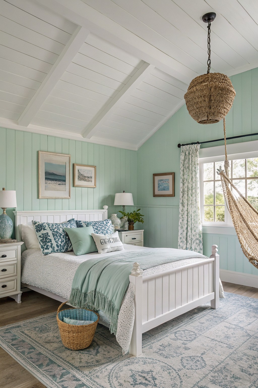 Cozy bedroom featuring soft mint green shiplap walls, white poster bed with aqua bedding, woven basket pendant light, and hammock chair by window