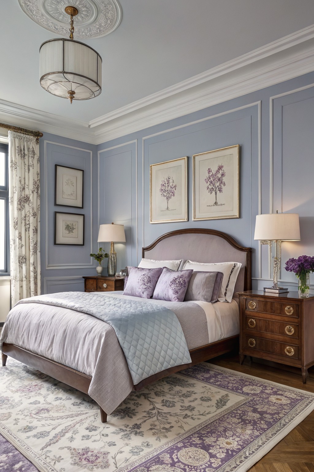 Serene bedroom featuring soft pale blue paneled walls, a tufted upholstered bed with purple pillows, wood nightstands, and layered lighting
