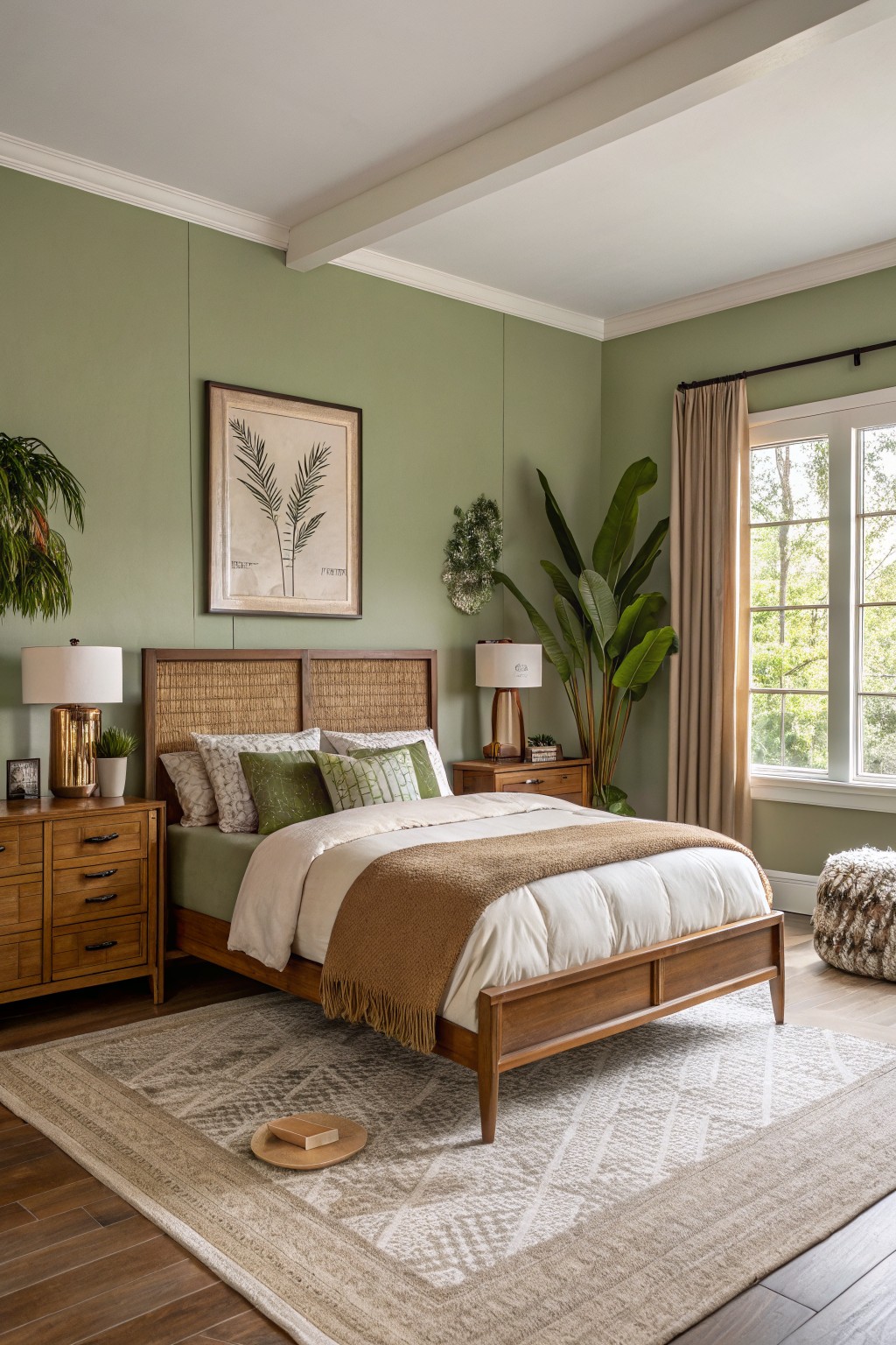 Bedroom with soft sage green walls, wood bed frame, plants, and neutral rug for a relaxed modern vibe