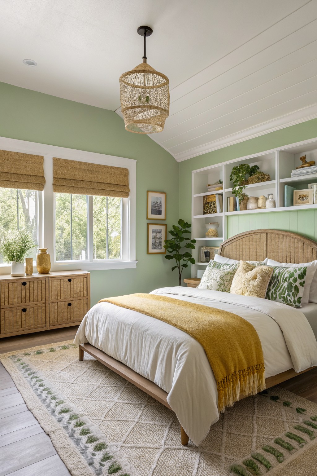 Bedroom with soft sage green accent wall behind rattan bed, white trim, woven pendant light, and natural wood furniture