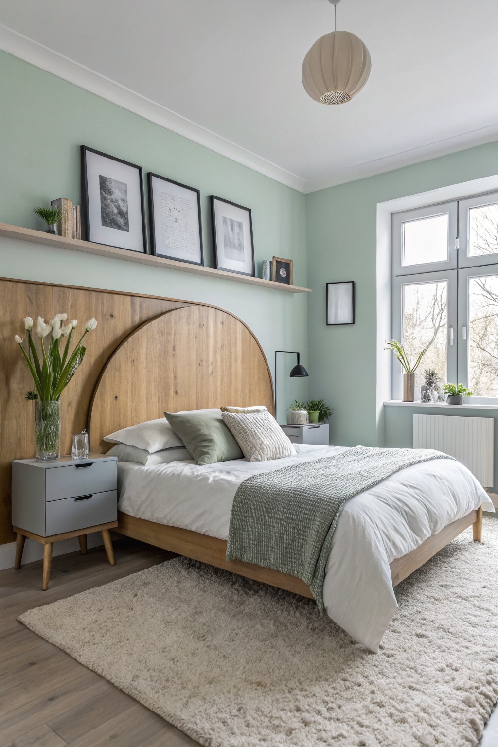 Bedroom featuring soft sage green walls with a curved oak headboard, neutral bedding, and simple wood shelving