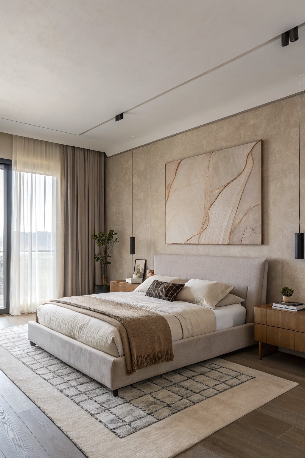 Serene modern bedroom featuring warm greige walls, upholstered bed with tan throw, wooden nightstands, and sheer curtains by a window