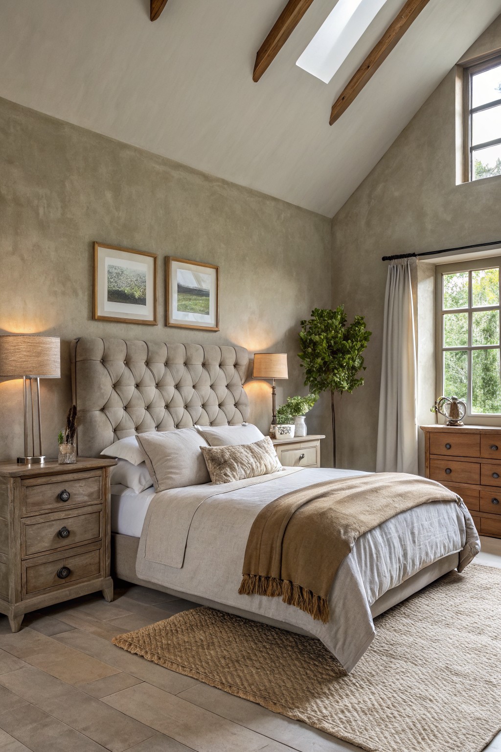 Bedroom interior with warm greige plaster walls, tufted beige headboard, wooden furniture, potted plant, and soft lighting from lamps and skylights