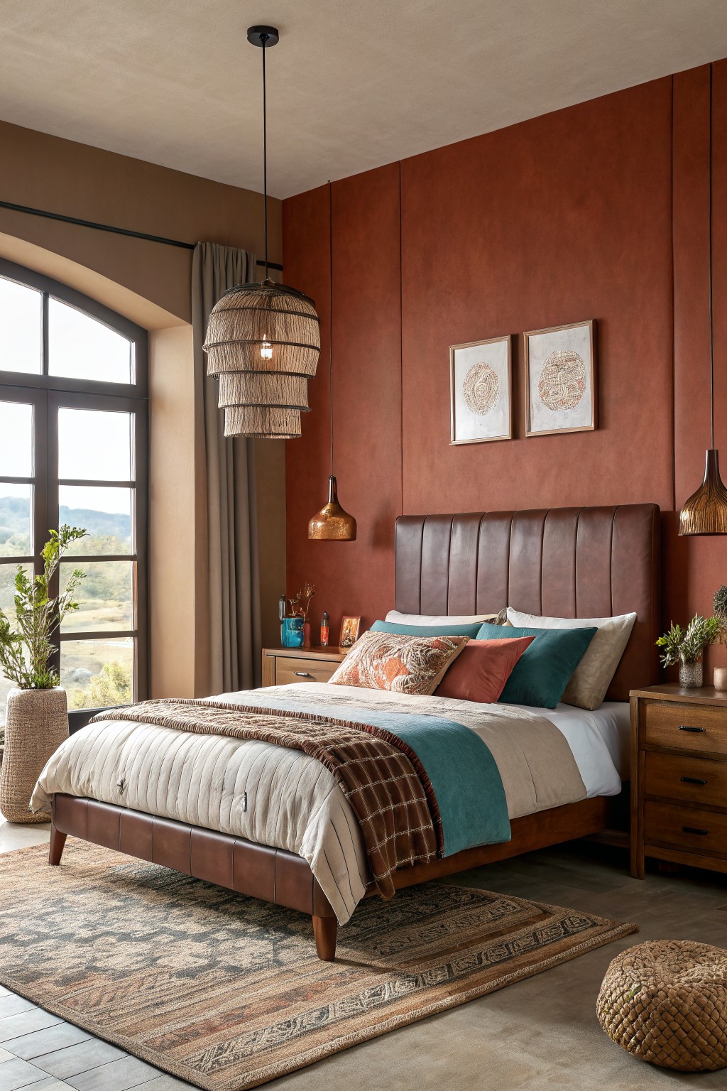 Cozy bedroom featuring a warm terracotta accent wall with tufted leather headboard, layered neutral bedding, wooden nightstand, rattan lamp, and large arched window