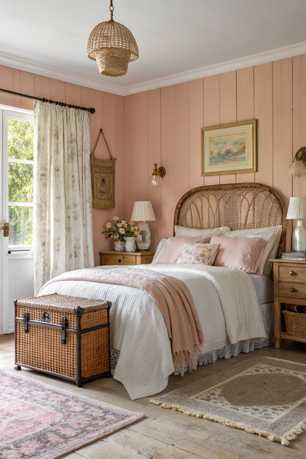 Bedroom with soft blush pink paneled walls, rattan headboard, layered pink and white bedding, wood nightstands, and woven pendant light