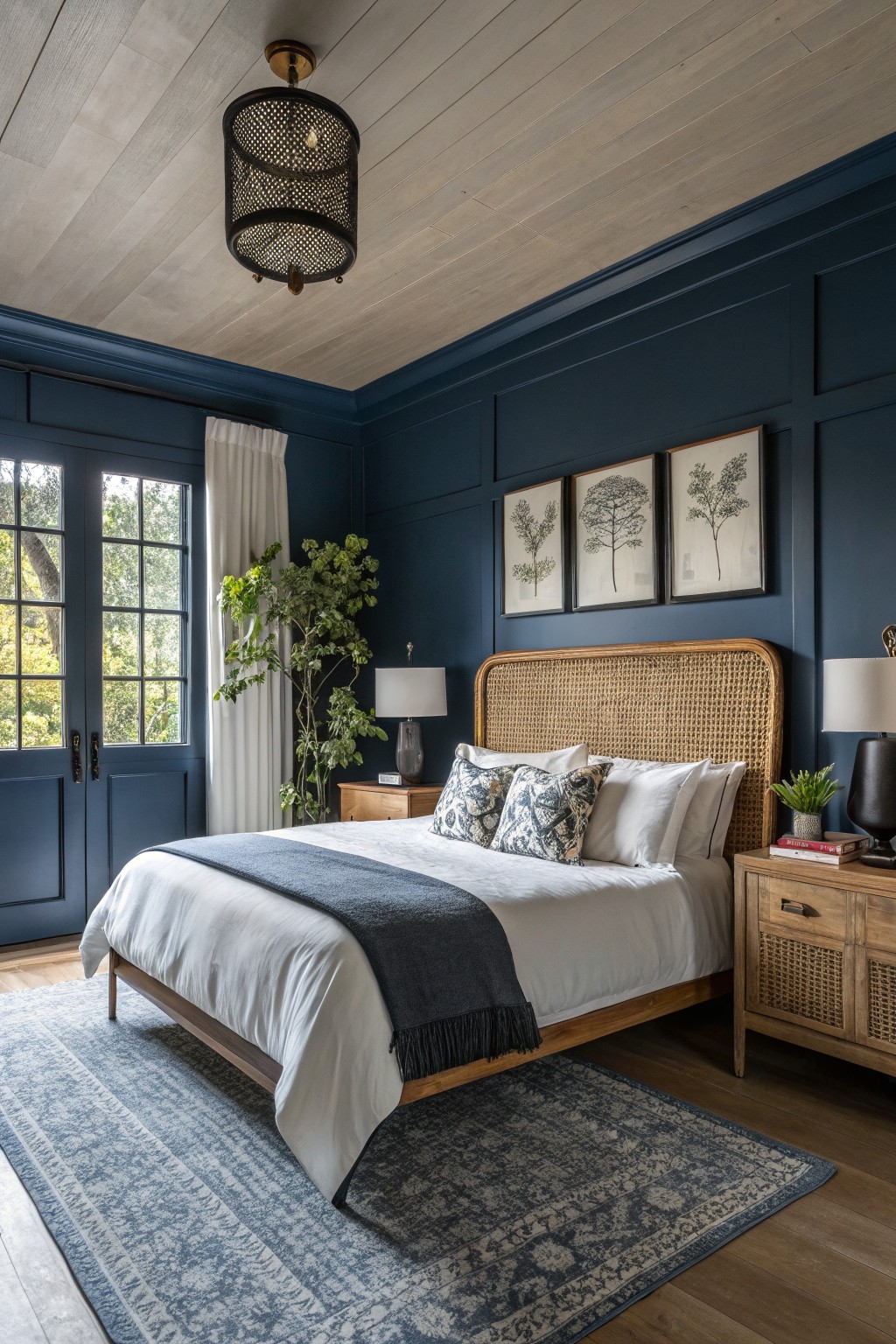 Cozy bedroom featuring deep navy paneled walls, rattan headboard, white bedding with blue throw, wood nightstands, and large windows with sheer curtains