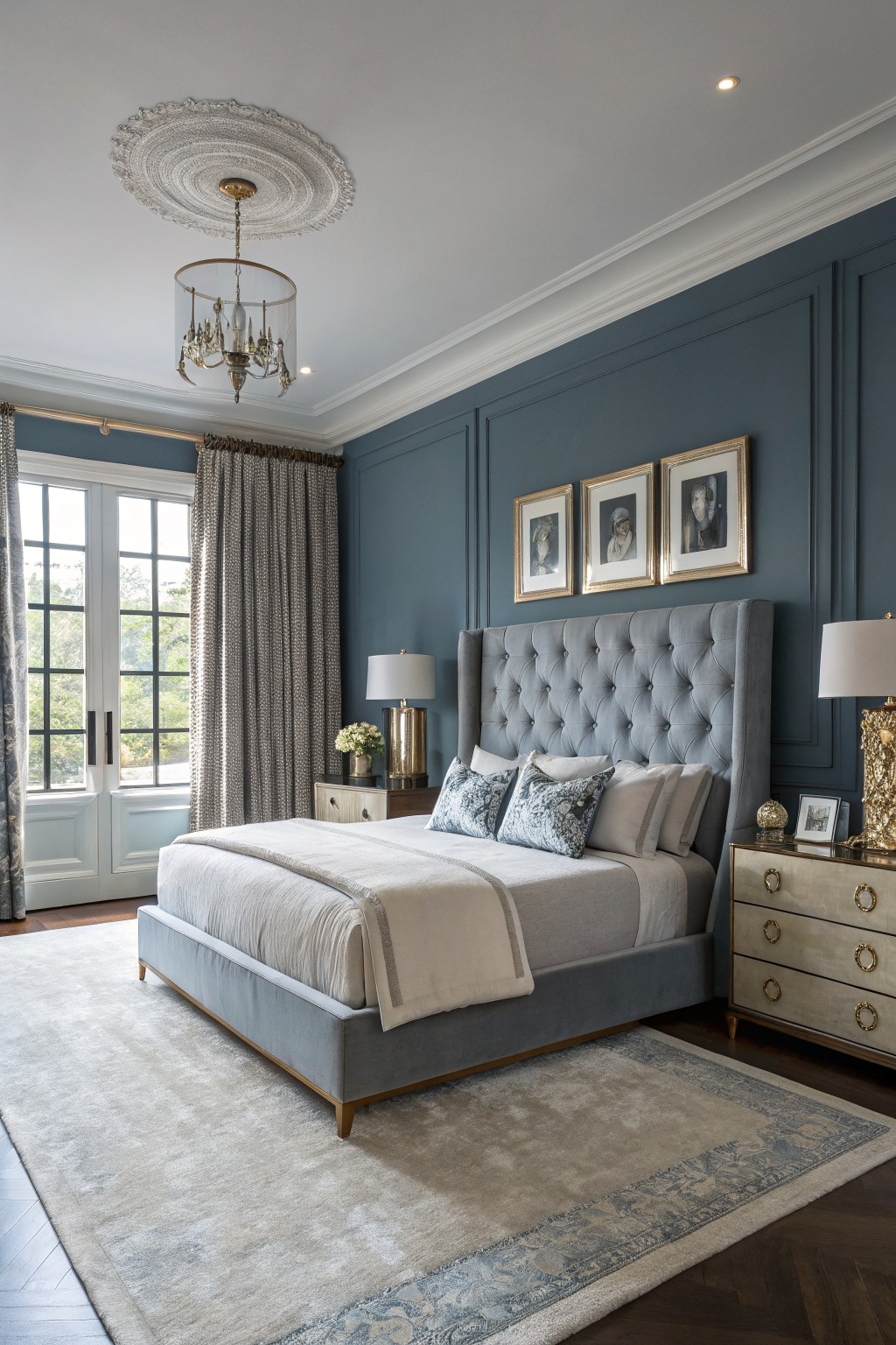 Luxurious bedroom featuring deep navy blue paneled walls, gray velvet tufted headboard, gold-accented nightstands and lamps, white bedding, and French doors with sheer curtains overlooking trees