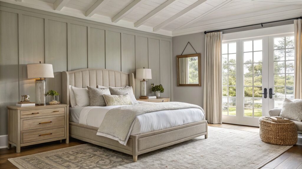 Cozy bedroom with light greige board-and-batten walls, neutral upholstered bed, wood nightstands, rattan pendant, and window views of trees