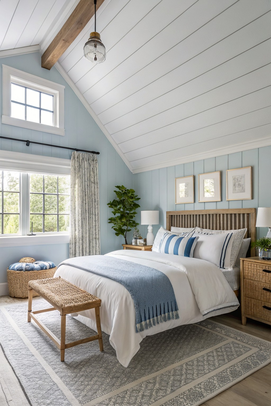 Bedroom with pale blue shiplap walls, white plank ceiling, king bed in wood frame with white and blue bedding, wood nightstands, and window with sheer curtains
