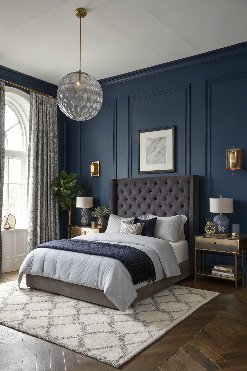 Bedroom interior with deep navy paneled walls, tufted charcoal headboard, layered gray bedding, brass accents, and wood floors
