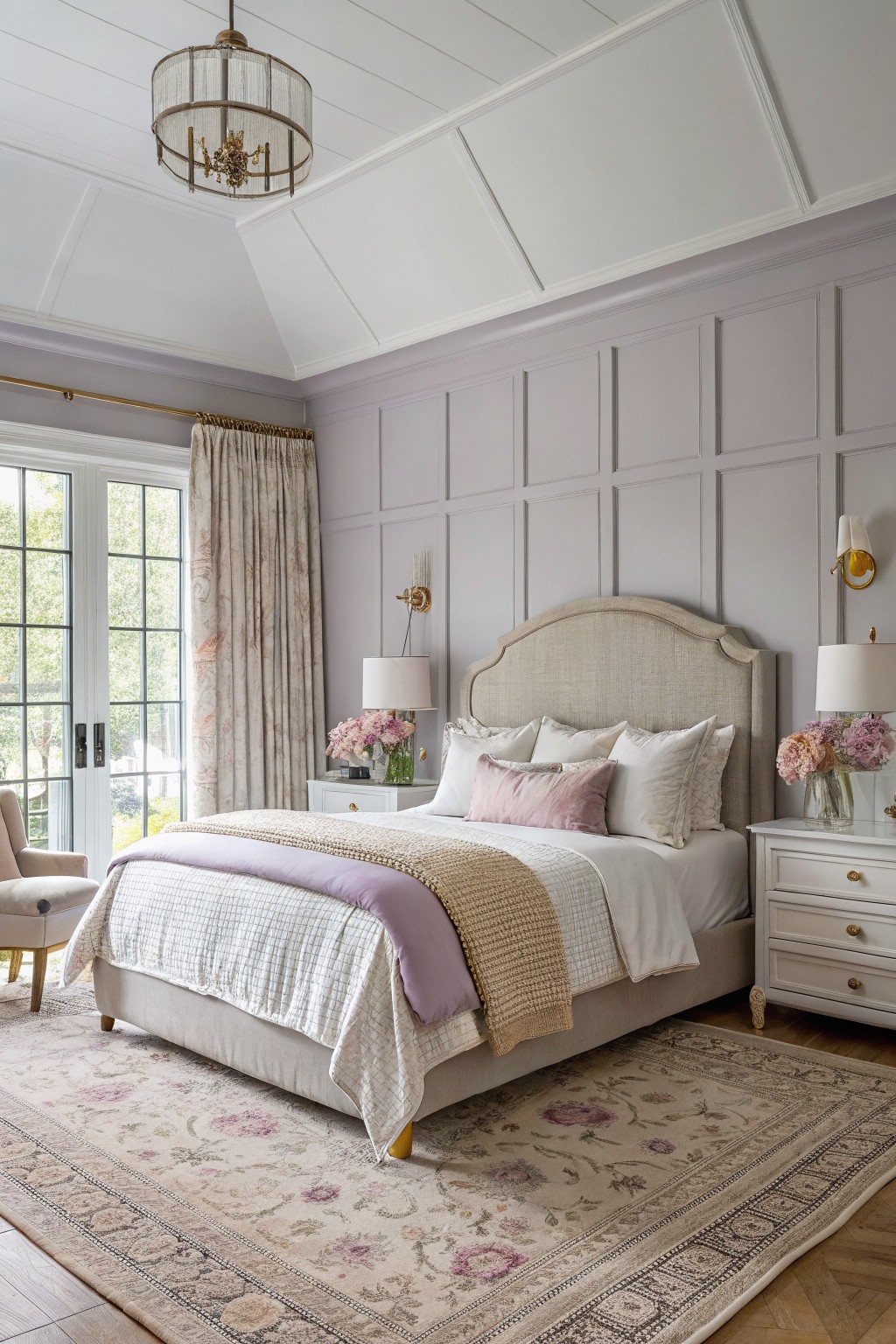 Serene bedroom with pale lavender gray paneled walls, cream upholstered bed, matching nightstands topped with lamps and pink peonies, French doors with floral drapes, and a patterned area rug.