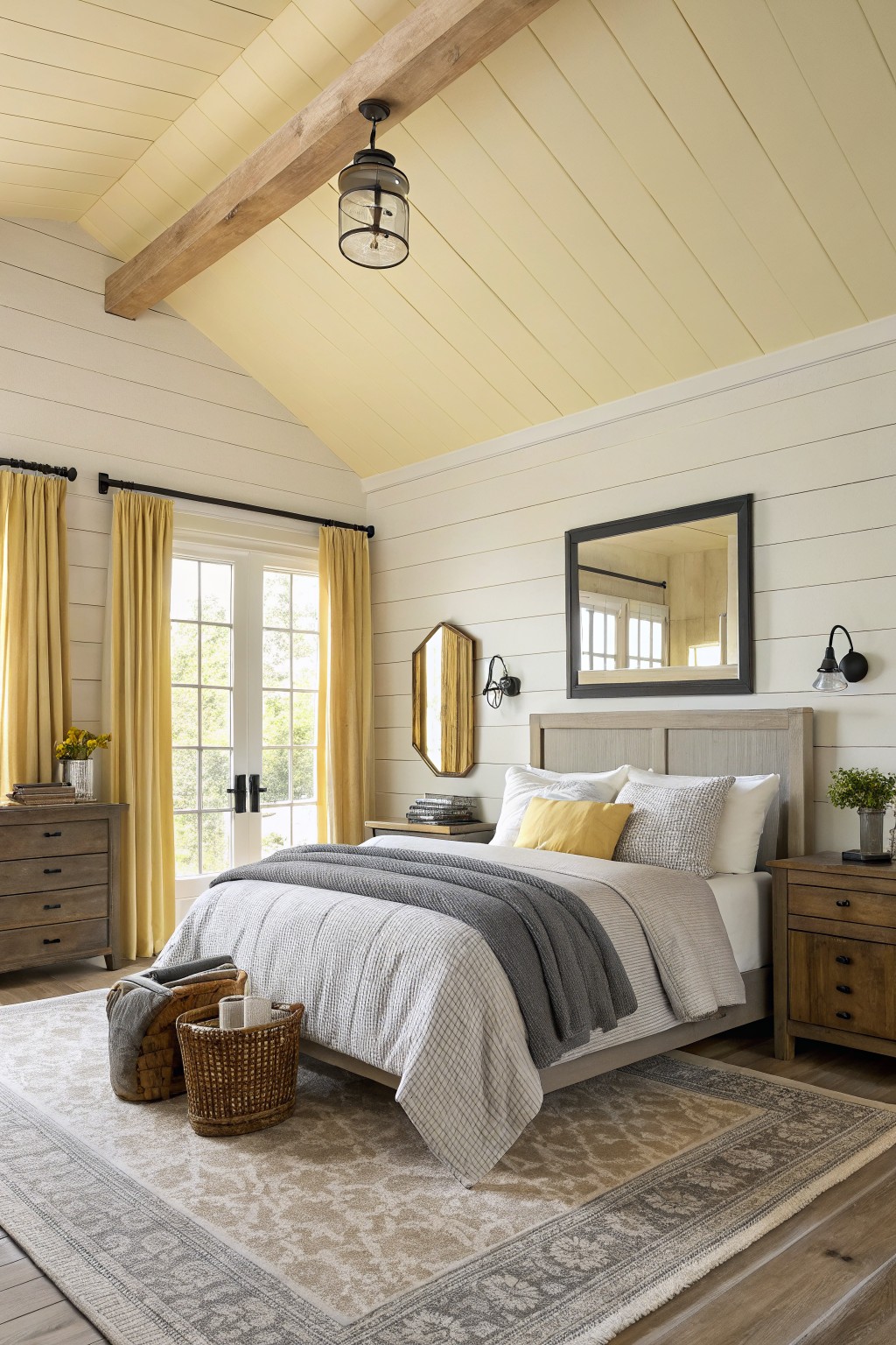 Cozy bedroom with pale yellow ceiling, white shiplap walls, exposed wood beams, yellow curtains on French doors, neutral upholstered bed, and woven baskets on hardwood floors