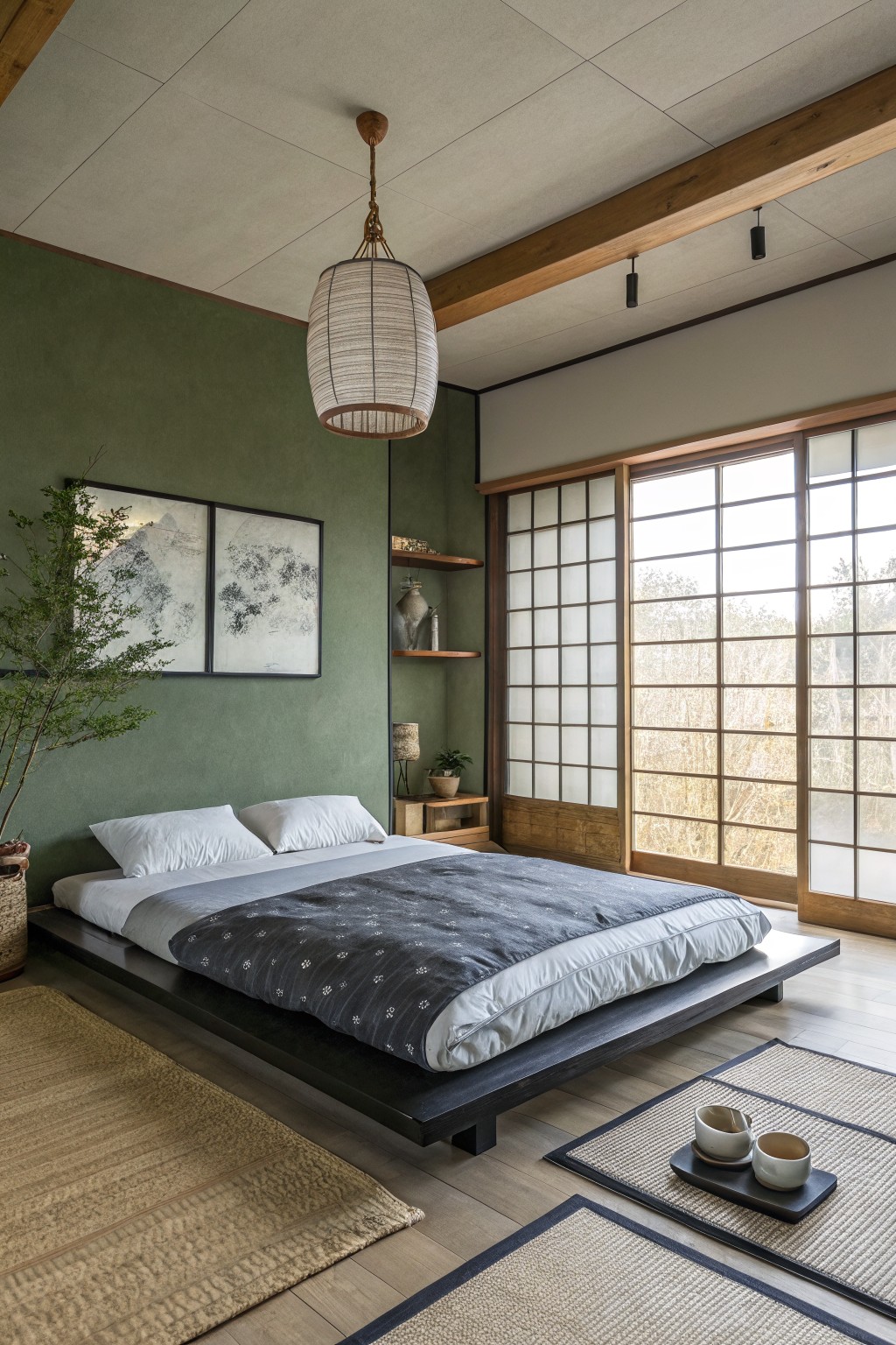 Serene bedroom with sage green accent wall, low platform bed draped in gray linens, shoji screens with reed view, hanging paper lantern, and wood shelves.