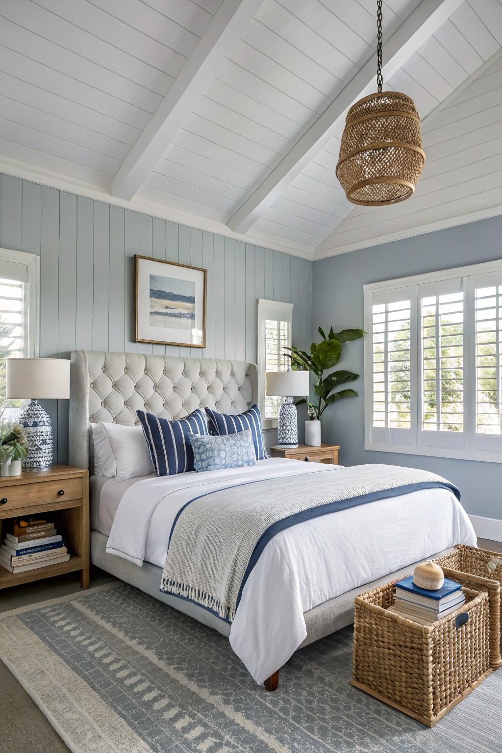 Cozy bedroom featuring pale blue-gray shiplap walls, a tufted upholstered bed with white and navy bedding, wood nightstands, and rattan pendant light