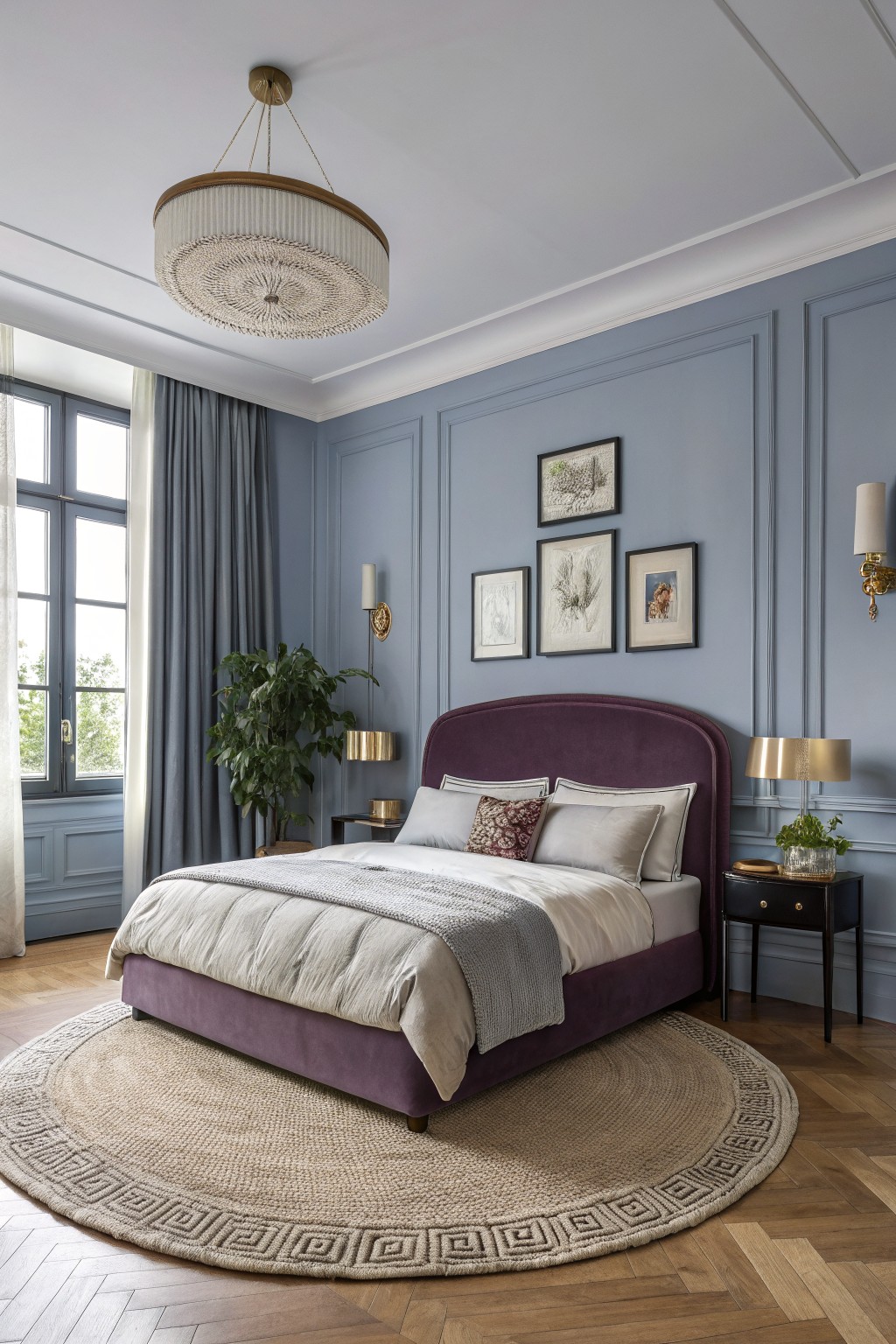 Bedroom interior with pale blue-gray paneled walls, purple velvet bed, wood floors, and large window with sheer curtains