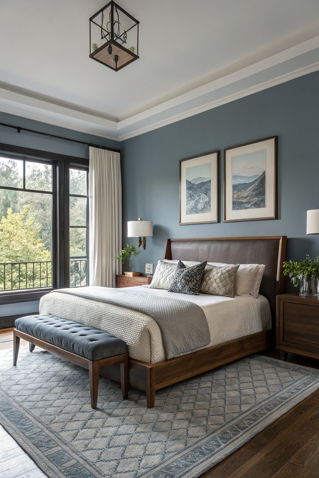 Bedroom interior with soft blue-gray walls, leather-upholstered wood bed, neutral bedding, and large windows with treetop views