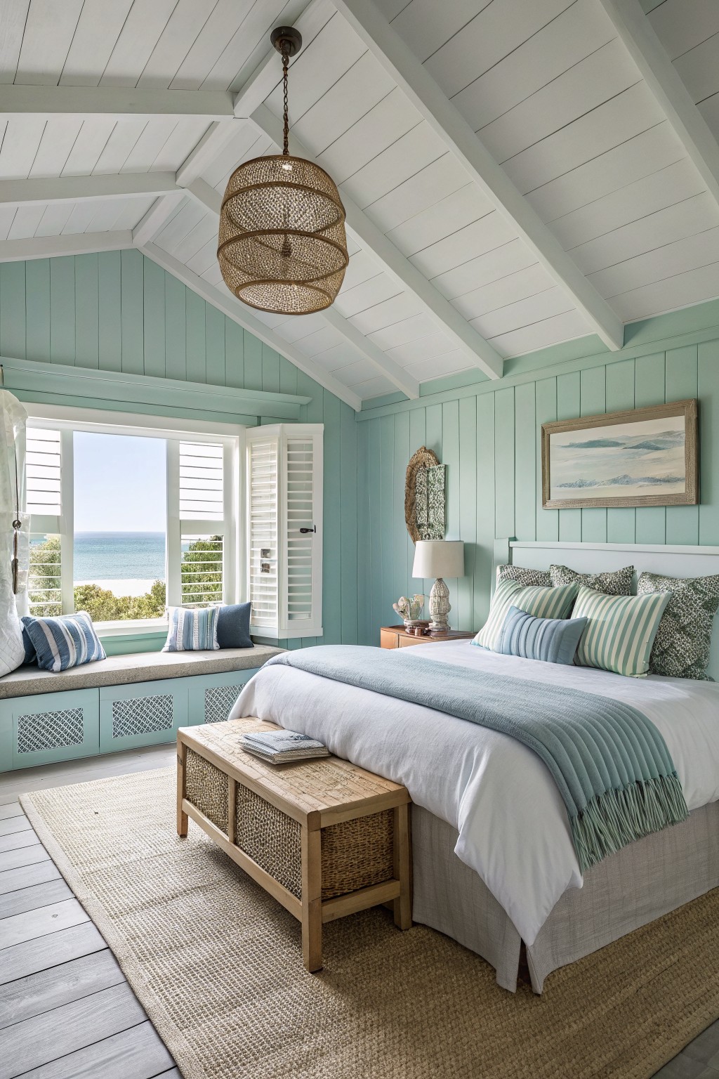 Bedroom interior with pale blue-green shiplap walls, white beamed ceiling, large window seat overlooking the ocean, and a white bed with layered pillows