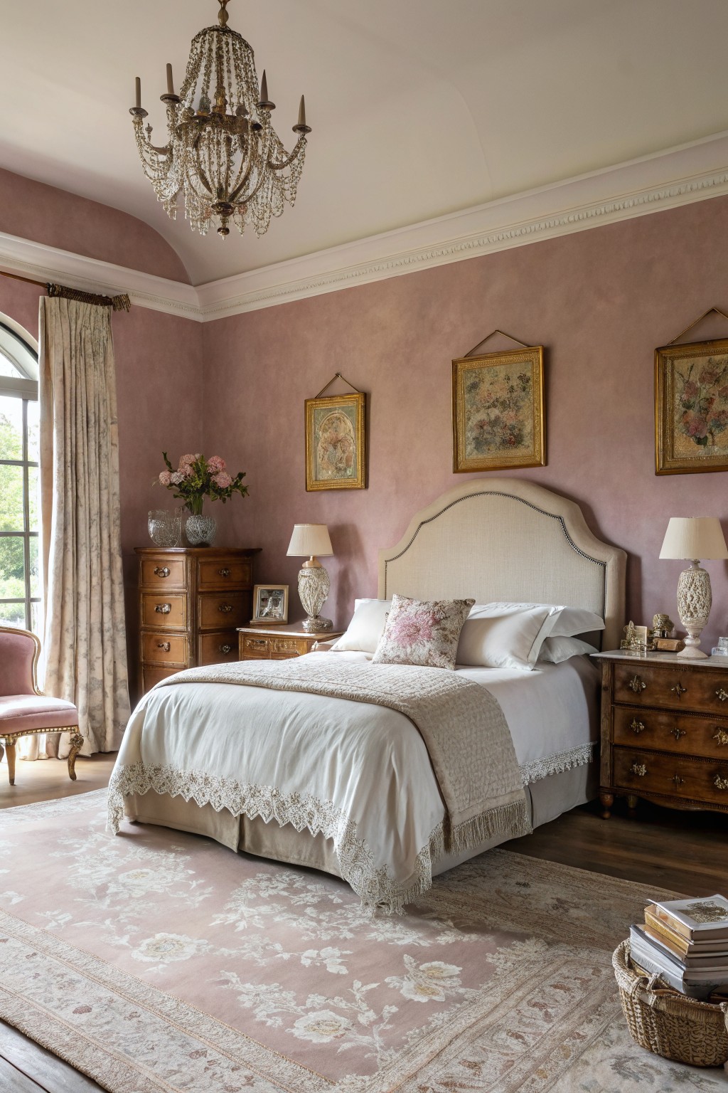Bedroom with pale blush pink walls, antique wood dressers, tufted upholstered bed, and gilded artwork