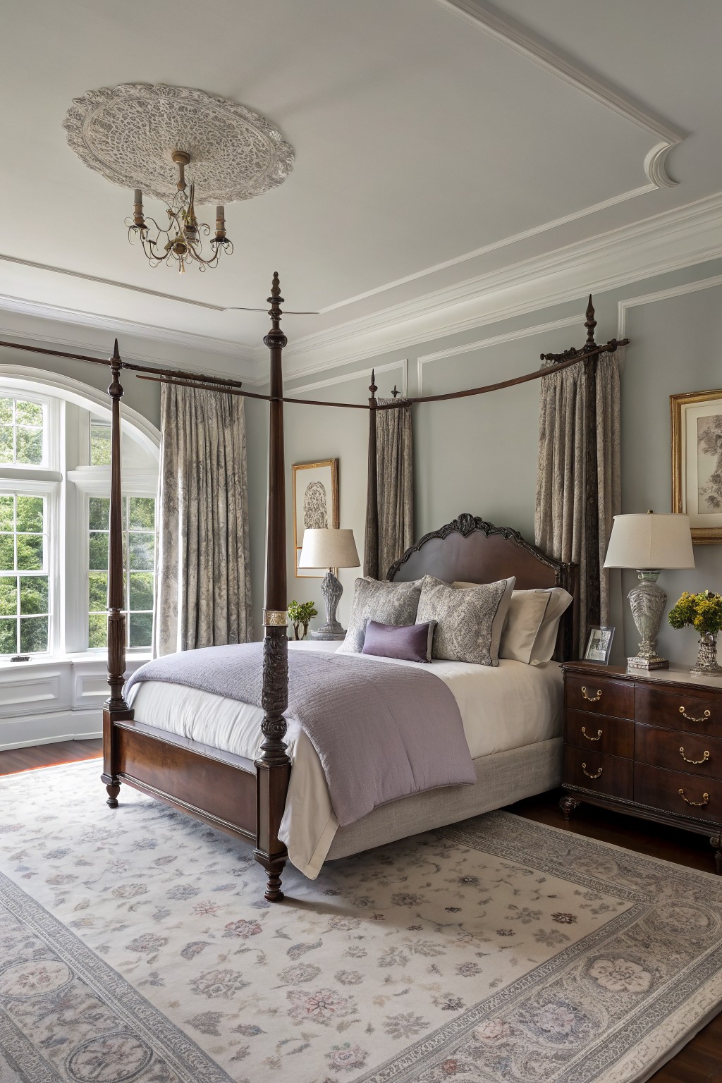 Bedroom with soft gray walls, dark wood four-poster bed with purple bedding, gray drapes, and lamps on matching nightstands