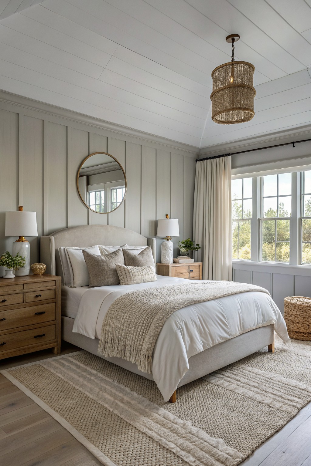 Cozy bedroom with light greige board-and-batten walls, neutral upholstered bed, wood nightstands, rattan pendant, and window views of trees