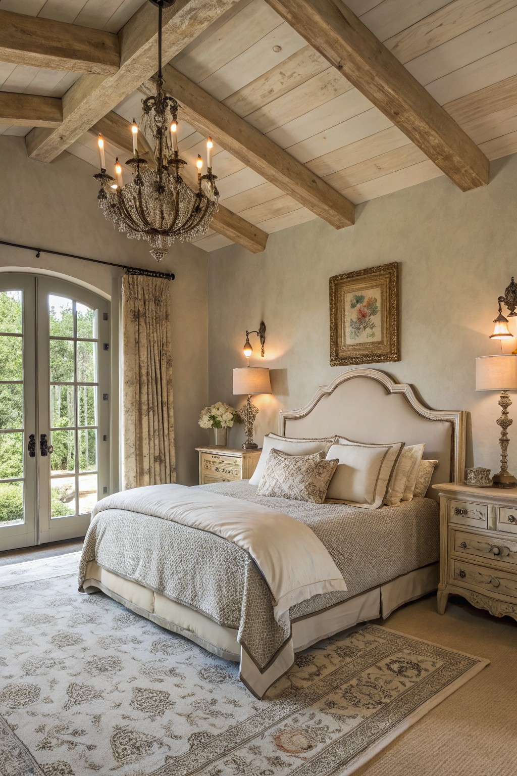 Cozy bedroom featuring soft greige walls, whitewashed wood beam ceiling, crystal chandelier, upholstered bed, and arched French doors to garden view