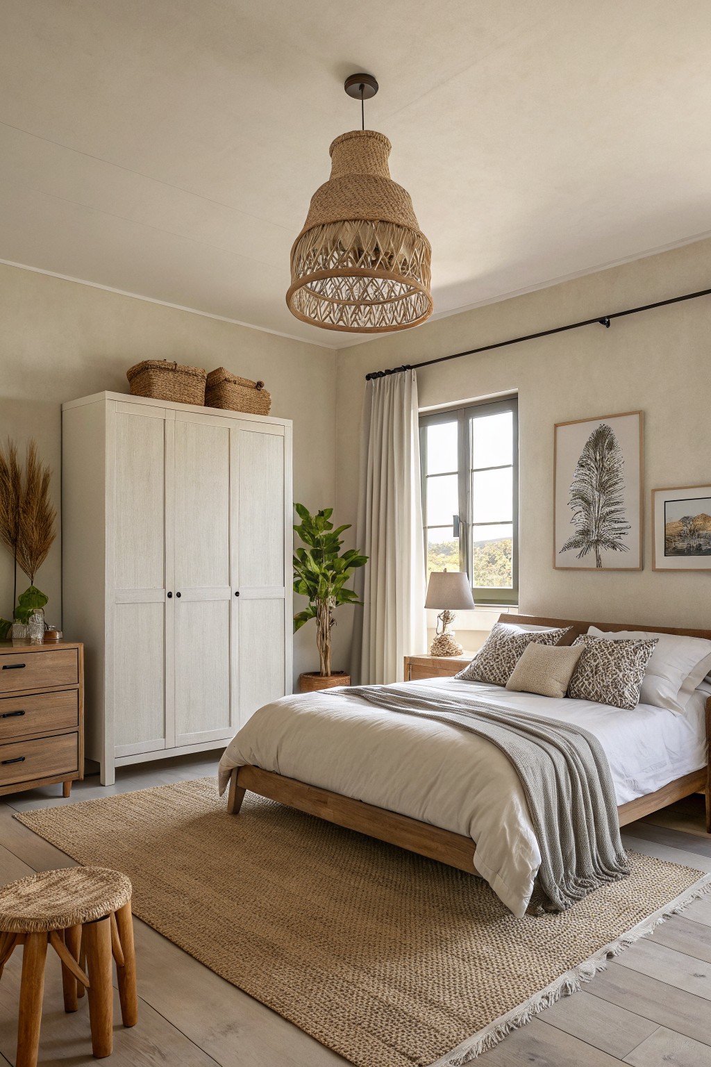 Bedroom interior with pale greige walls, wooden bed, white wardrobe topped with baskets, potted plants, and rattan accents on light wood floors