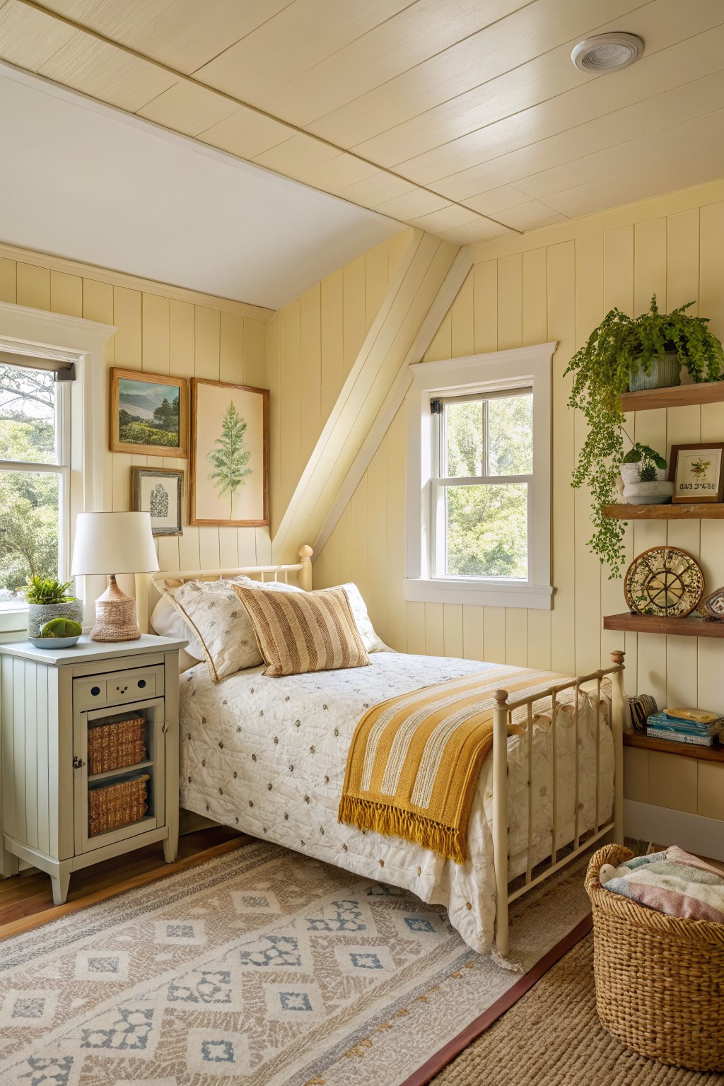 Cozy attic-style bedroom with pale yellow shiplap walls, brass daybed draped in yellow throw, side table lamp, plants, and soft rug