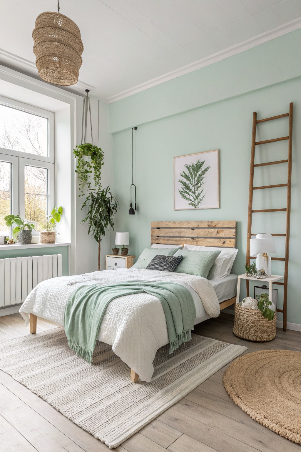 Bedroom with soft sage green walls, wooden bed frame, potted plants, and neutral bedding for a calm, natural feel