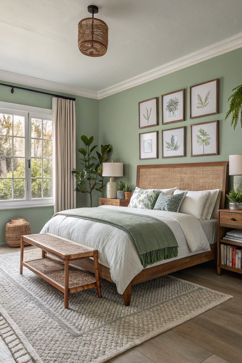 Cozy bedroom featuring soft sage green walls, rattan headboard and bench, potted plants, and layered white bedding on a king bed