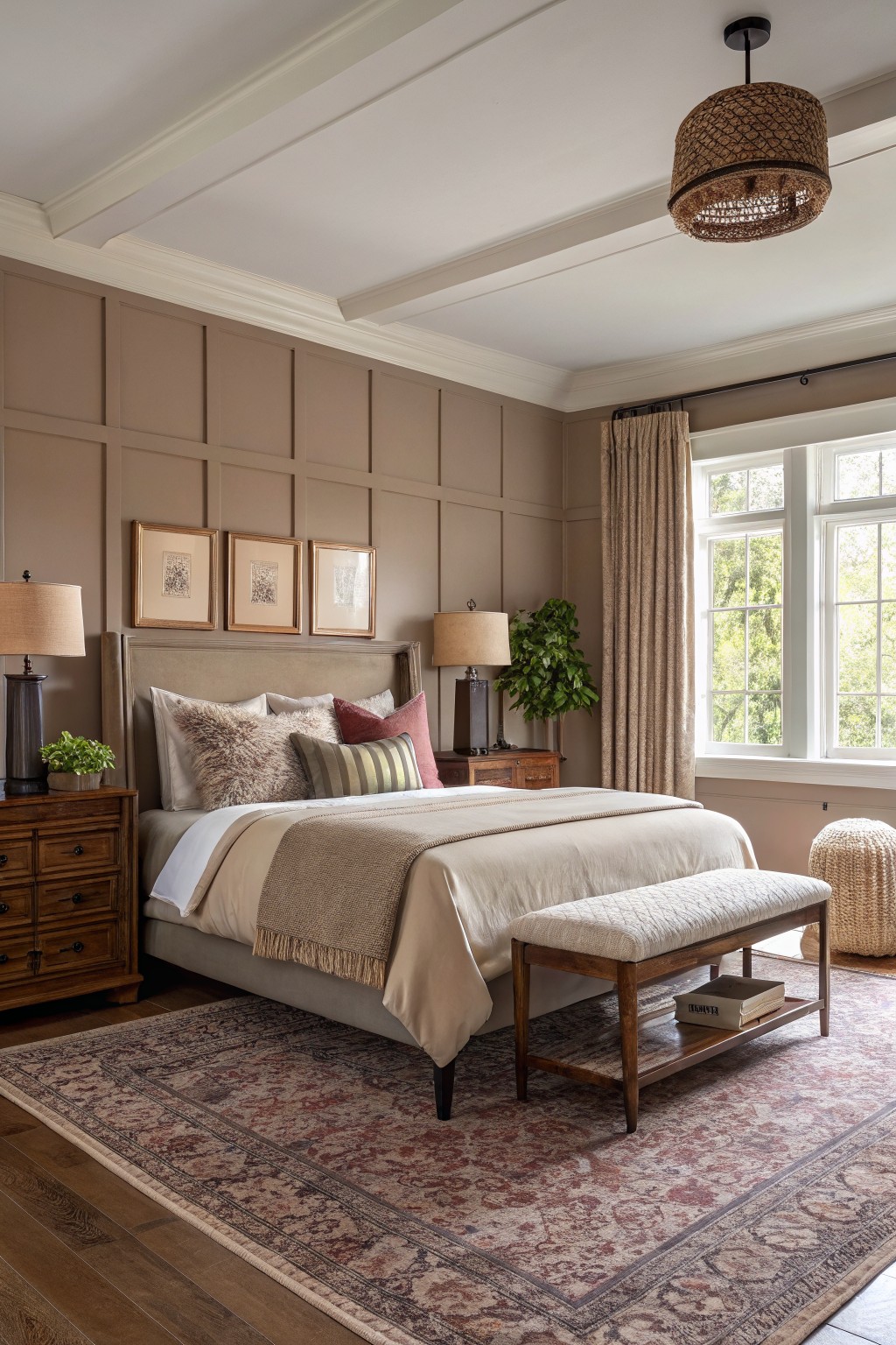 Bedroom with warm greige board-and-batten walls, wood bed frame, neutral bedding, and window overlooking trees