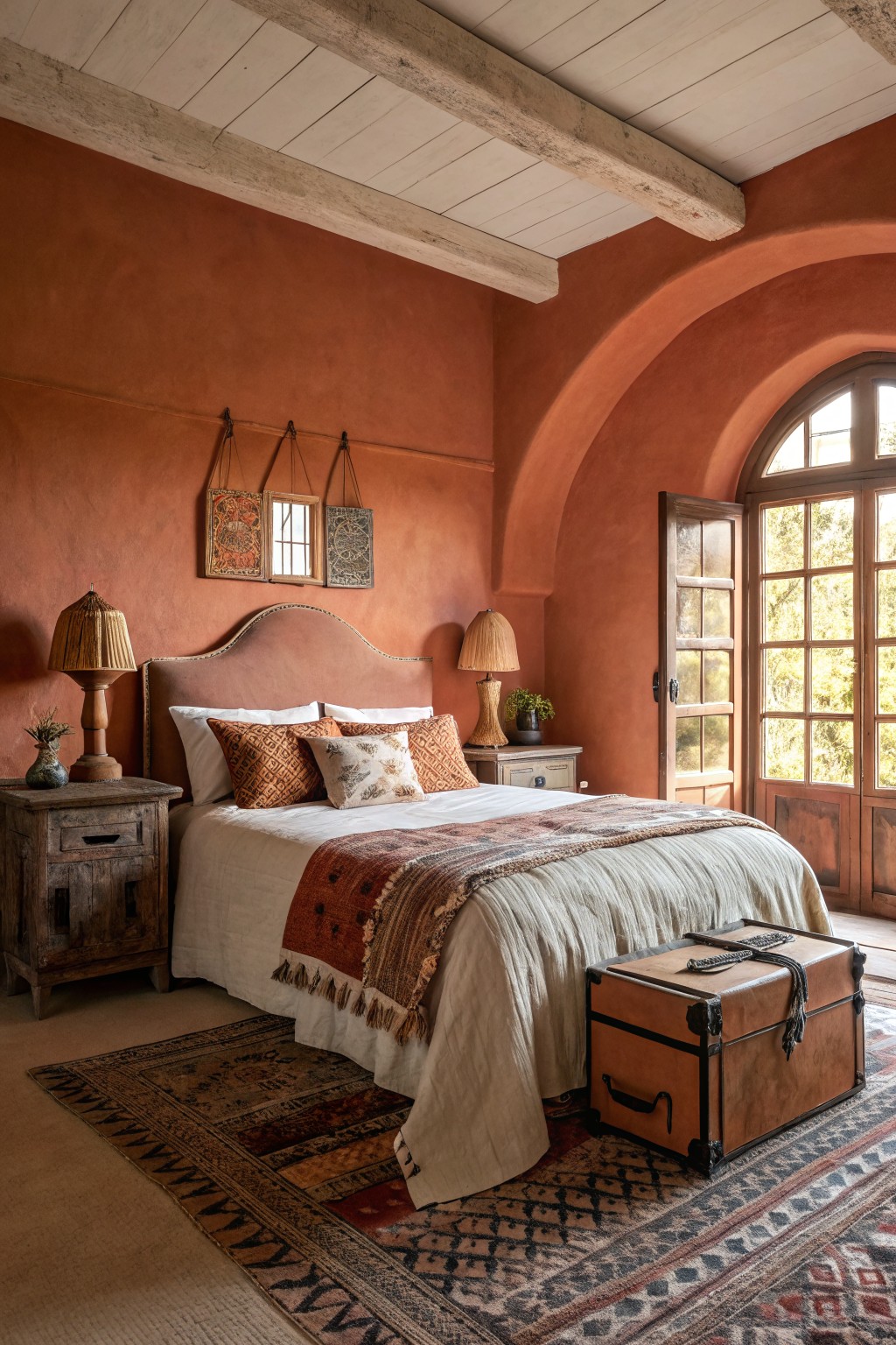 Bedroom interior with terracotta-painted walls, white beamed ceiling, arched window, wooden bed frame and furnishings