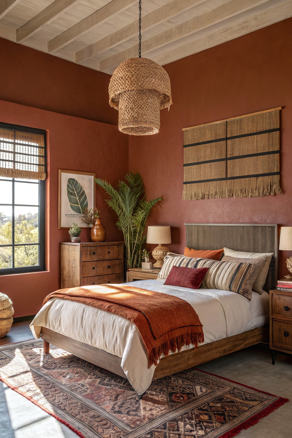 Bedroom interior with warm terracotta walls, wooden bed frame, layered pillows, plants, and woven wall hanging