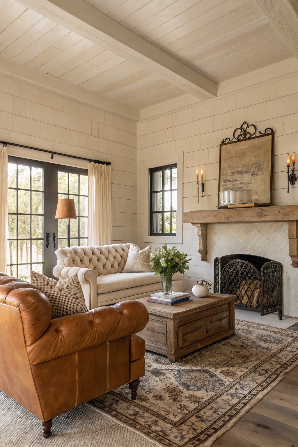 Cozy living room with creamy off-white shiplap walls, exposed wood beams, tufted white sofa, tan leather armchair, wood coffee table, and white brick fireplace.